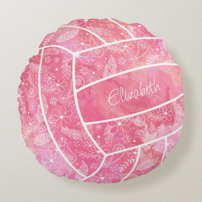 Cojín Redondo plumas paisajes estampado floral voleibol rosa (Anverso)