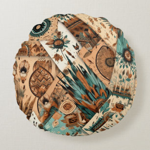 Cojín Redondo plumas tribales del suroeste de Azteca