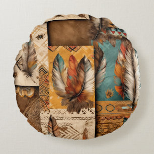 Cojín Redondo plumas tribales del suroeste de Azteca
