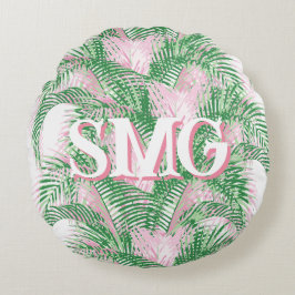 Cojín Redondo Plume Palm Fronds in Pink + Green Personalized