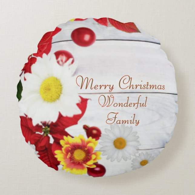 Cojín Redondo Poinsettia de madera blanca y flor amarilla (Anverso)