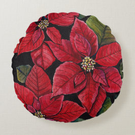 Cojín Redondo Poinsettia vibrante en acuarela