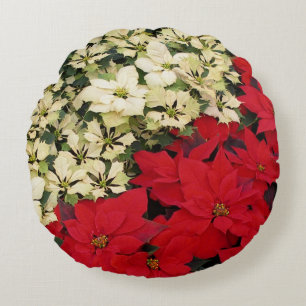 Cojín Redondo Poinsettias blancas y rojas con flores