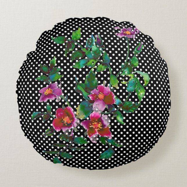 Cojín Redondo Polka-puntos blanco/negro Rosa de época (Anverso)