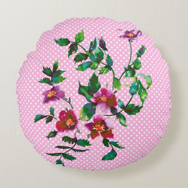 Cojín Redondo Polka-puntos rosa/blanco Rosa de cosecha (Anverso)