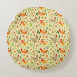 Cojín Redondo Pollo y patrón floral sin foco