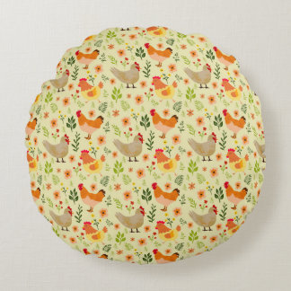Cojín Redondo Pollo y patrón floral sin foco