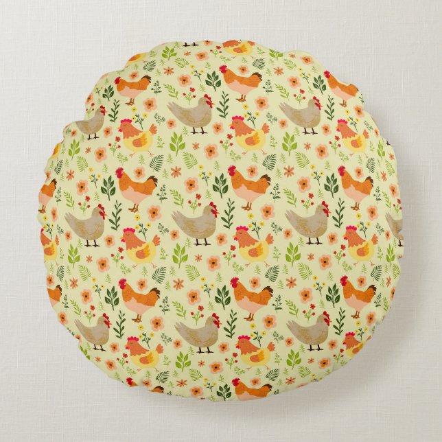Cojín Redondo Pollo y patrón floral sin foco (Anverso)