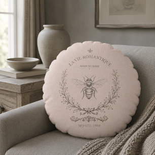 Cojín Redondo Polvoriento Blush Abeja Vintage Campo Francés