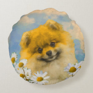 Cojín Redondo Pomerania en pintura de Daisies - Arte de perro or