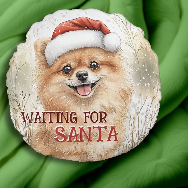 Cojín Redondo Pomerania Esperando La Acuarela De Perro Santa Pom (Pomeranian Waiting For Santa Pom Dog Watercolor Round Pillow. Personalize It!)