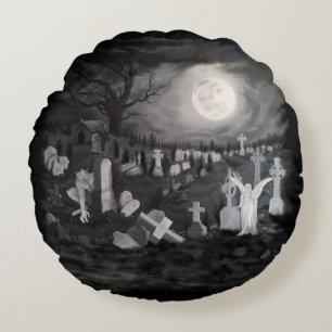Cojín Redondo Por la noche en el cementerio - Ángel con el diabl