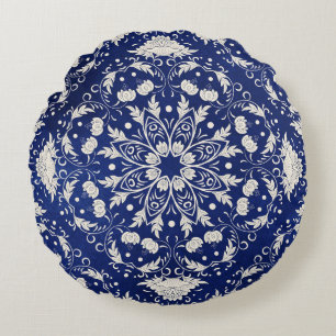 Cojín Redondo Porcelana china: Floral azul acuarela
