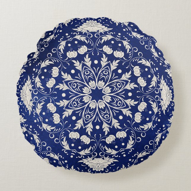 Cojín Redondo Porcelana china: Floral azul acuarela (Anverso)