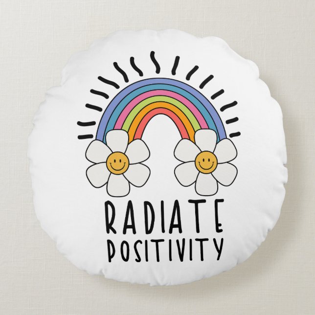 Cojín Redondo Positividad de radiación | Arcoiris y flores de co (Anverso)