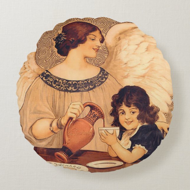 Cojín Redondo Póster Antiguo del Ángel de Chocolate Francés: Art (Anverso)