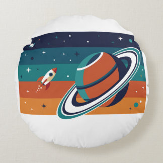 Cojín Redondo Póster Retro de Viaje Espacial Planeta Anillado
