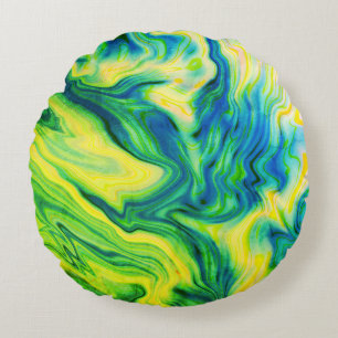Cojín Redondo Pour acrílica, azul, verde, amarillo /