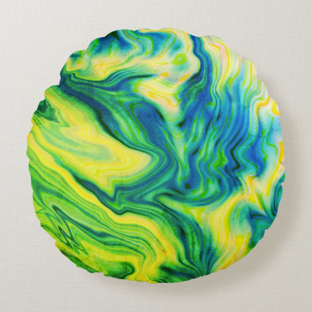 Cojín Redondo Pour acrílica, azul, verde, amarillo / (Anverso)