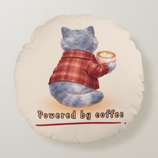 Cojín Redondo Powered by Coffee (Anverso)