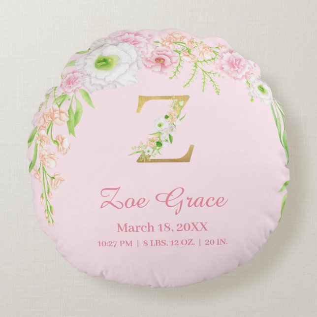 Cojín Redondo Precious Pink Gold Monogram "Z" Baby Girl Stats (Anverso)
