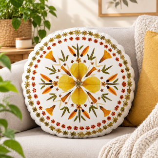 Cojín Redondo Prensa de Flor de Mandala Amarilla de Arte Origina