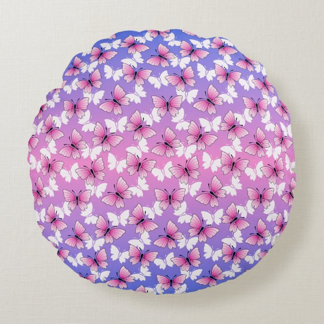 Cojín Redondo Pretty Pink and White Butterfly Round Pillow  (Anverso)