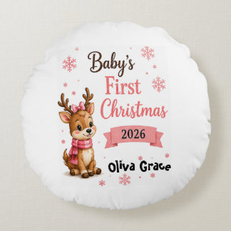 Cojín Redondo Primer Navidad Reno Personalizado del Bebe 
