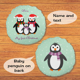 Cojín Redondo Primer texto de los pingüinos de Navidad personali