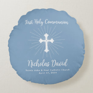 Cojín Redondo Primera comunión azul turbulenta con cruz
