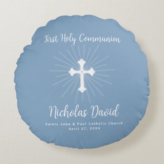 Cojín Redondo Primera comunión azul turbulenta con cruz (Anverso)