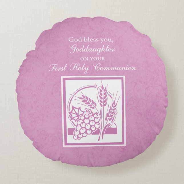 Cojín Redondo Primera comunión de la diosa, rosa (Anverso)