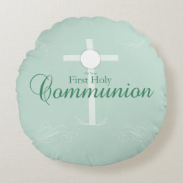 Cojín Redondo Primera comunión sagrada, guión en verde suave
