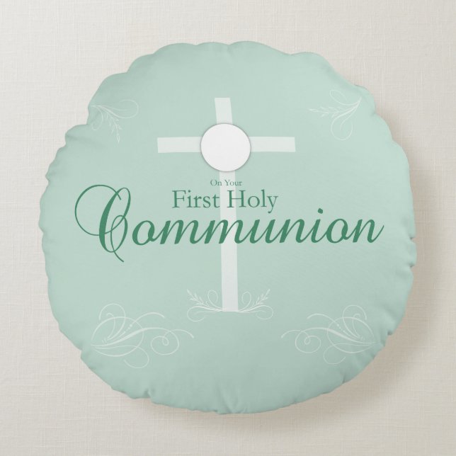 Cojín Redondo Primera comunión sagrada, guión en verde suave (Anverso)