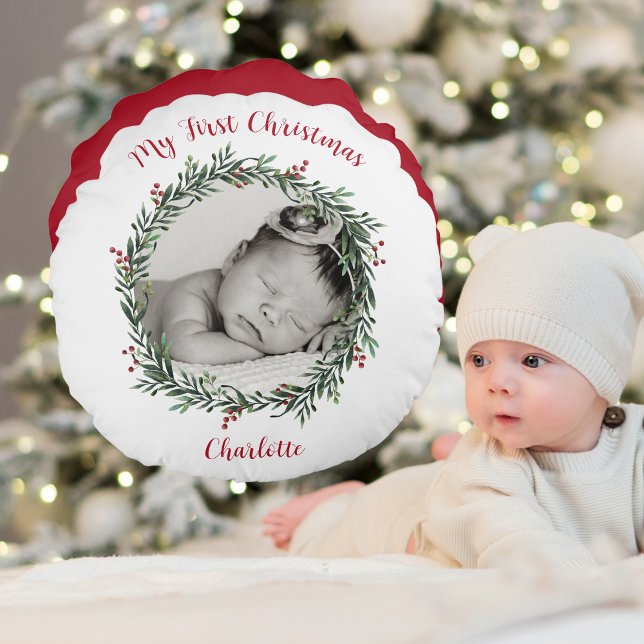 Cojín Redondo Primera Navidad del bebé, foto con nombre (Baby's First Christmas, Photo With Name Round Pillow)