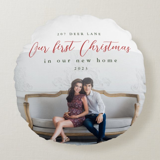 Cojín Redondo Primera Navidad en nuestra nueva foto de dirección (Anverso)