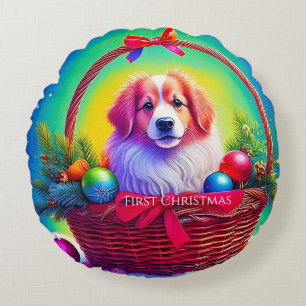 Cojín Redondo Primera Navidad Perrito más lindo en Cesta de Fies