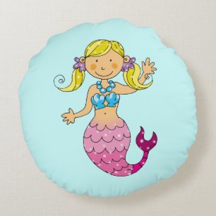 Cojín Redondo princesa linda de la sirena del mar (pelo rubio)