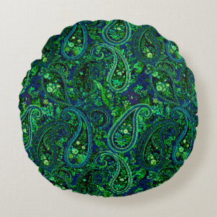 Cojín Redondo Profusión de Paisley Floral Vibrante Azul Verde