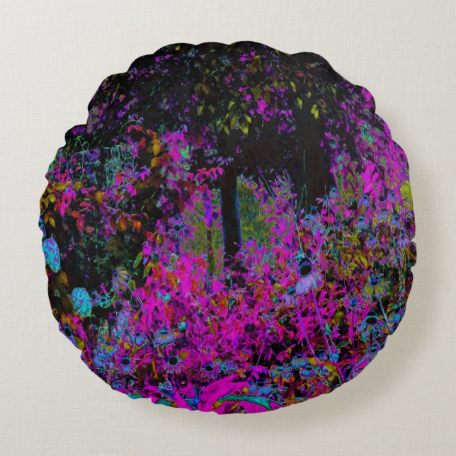 Cojín Redondo Psicodelia Rosa Caliente y Amanecer del Jardín Neg (Anverso)
