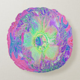 Cojín Redondo Psicodélico Trippy Lime Green y Púrpura Hibiscus