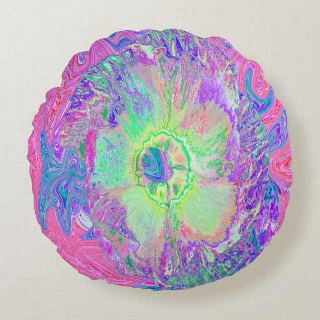 Cojín Redondo Psicodélico Trippy Lime Green y Púrpura Hibiscus (Anverso)