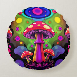 Cojín Redondo Psychedelic Vibrant Colorful Retro Mushrooms