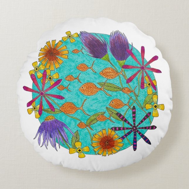 Cojín Redondo Puddle de pescado con flores (Anverso)