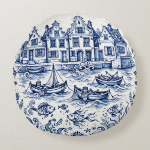 Cojín Redondo Pueblo de Delft y puerto de pesca Cobalto Azul Bla