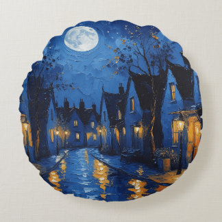 Cojín Redondo Pueblo de noche con luces y faroles