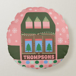 Cojín Redondo Pueblo navideño rosa personalizable