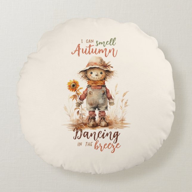 Cojín Redondo Puedo oler el otoño - Espantapájaros y girasoles r (Anverso)