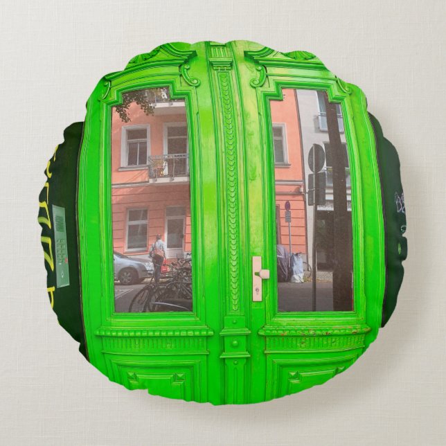 COJÍN REDONDO PUERTA DE CRISTAL DE MADERA VERDE (Anverso)