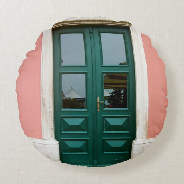 Cojín Redondo PUERTA DE MADERA verde azulada CON BORDE DE VENTAN (Anverso)